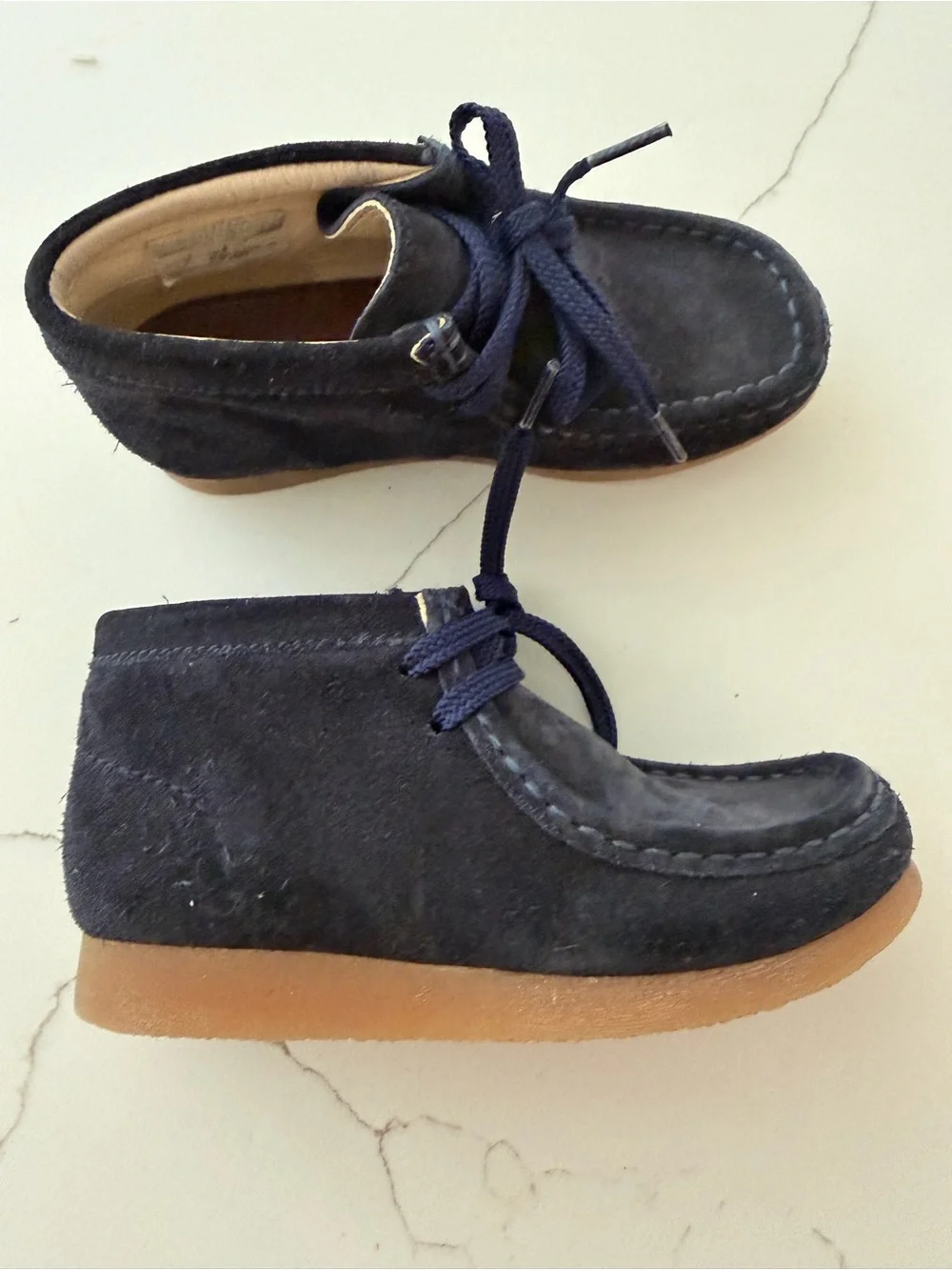 Kids Clark Wallabee Navy Suede Moccasin Ankle Boots